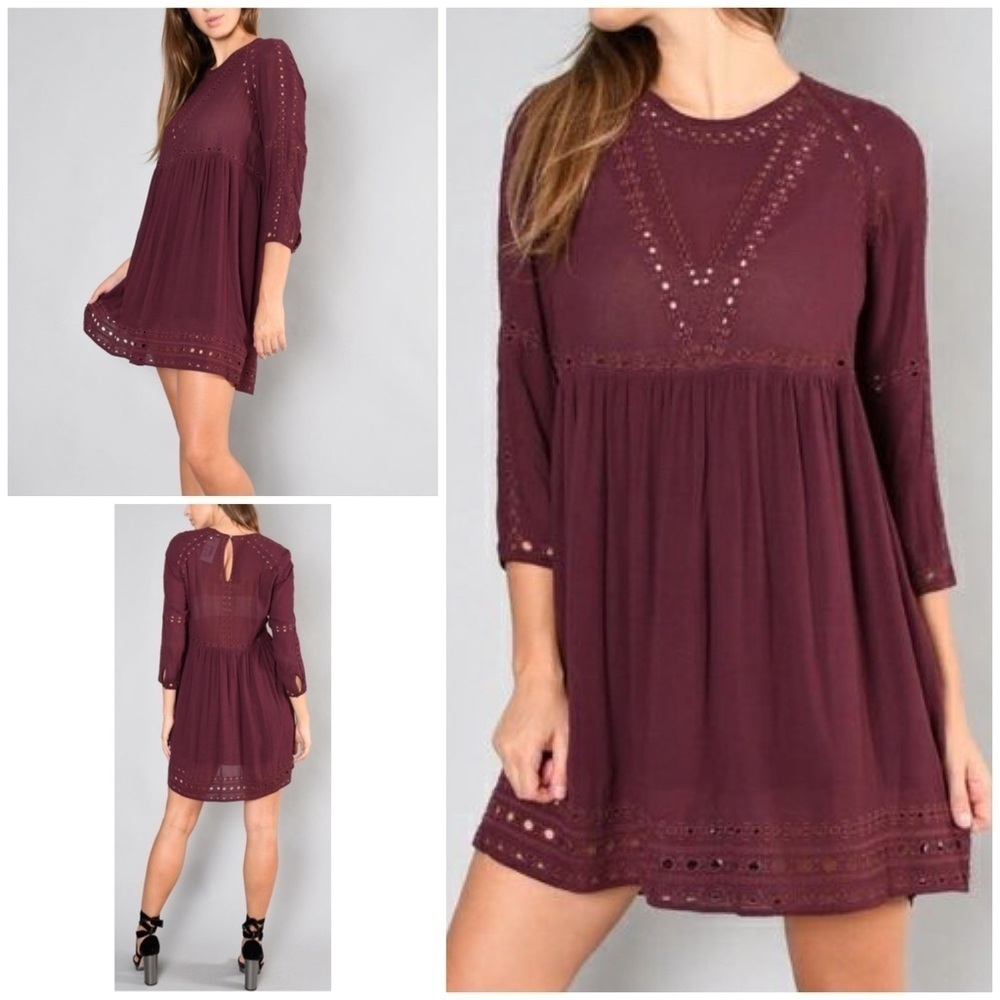 EUC Aritzia Wilfred Loisel Embroidered Eyelet Burgundy 3/4 Sleeves Mini Dress S 